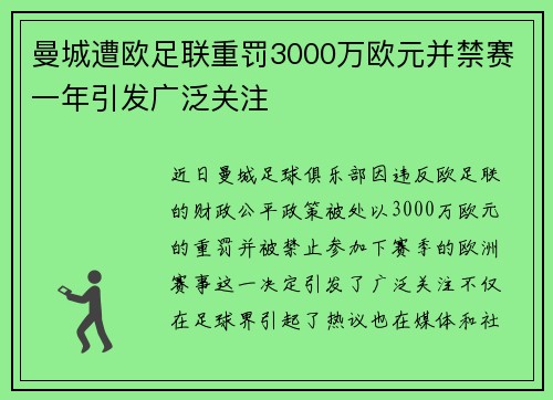 曼城遭欧足联重罚3000万欧元并禁赛一年引发广泛关注
